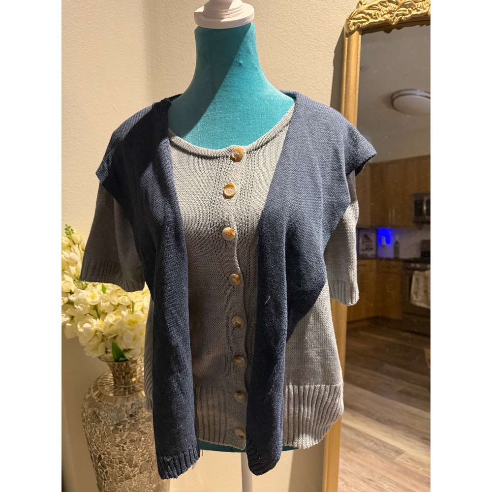 Two Tone Knit Short Sleeve Cardigan with Navy Shrug Overlay Gray Blue Top
